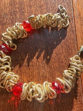 Gold-Tone Byzantine Rope Bracelet with Red Beaded accents- 7.5”
